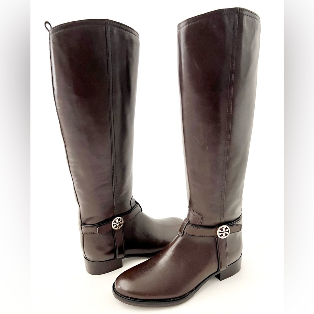 TORY BURCH | Tall Riding Boots Bristol Dark Brown Coconut Leather Size 7 - Picture 1 of 15